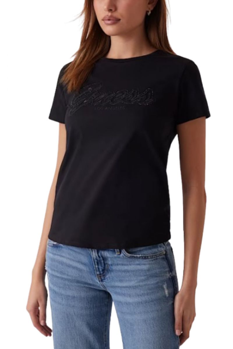 GUESS - SS SCRIRT LACE LOGO EASY TEE BLACK - 357492